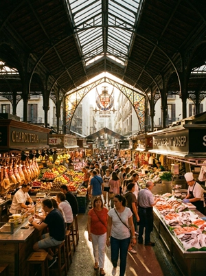 Puestos de frutas y productos frescos en el Mercado de la Boquería